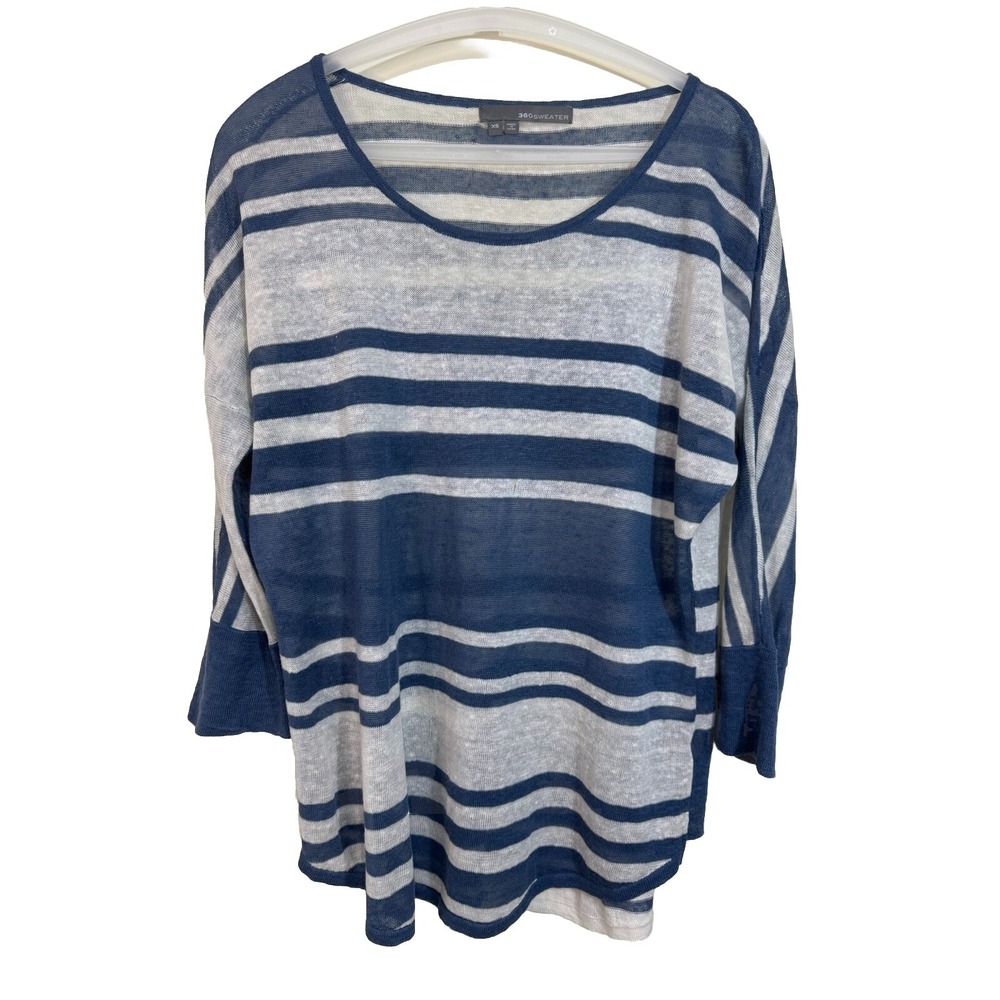 360 Sweater XS Women's Blue Stripe Pullover Linen 3/4 Sleeve Sweater